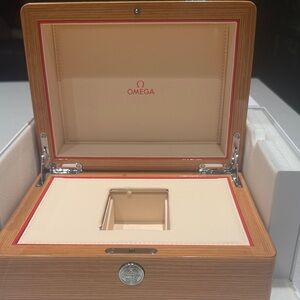 Omega Luxury Wooden Watch Box with Cream and Red Accents